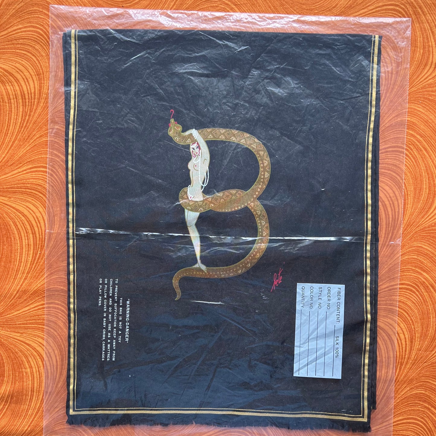 Vintage 80s Signed Erté Silk Scarf- Letter B from Alphabet Series- Rare