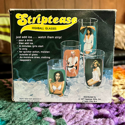 Spencer's Gifts- 1977 Striptease Highball Glasses- Set of 4- In Box