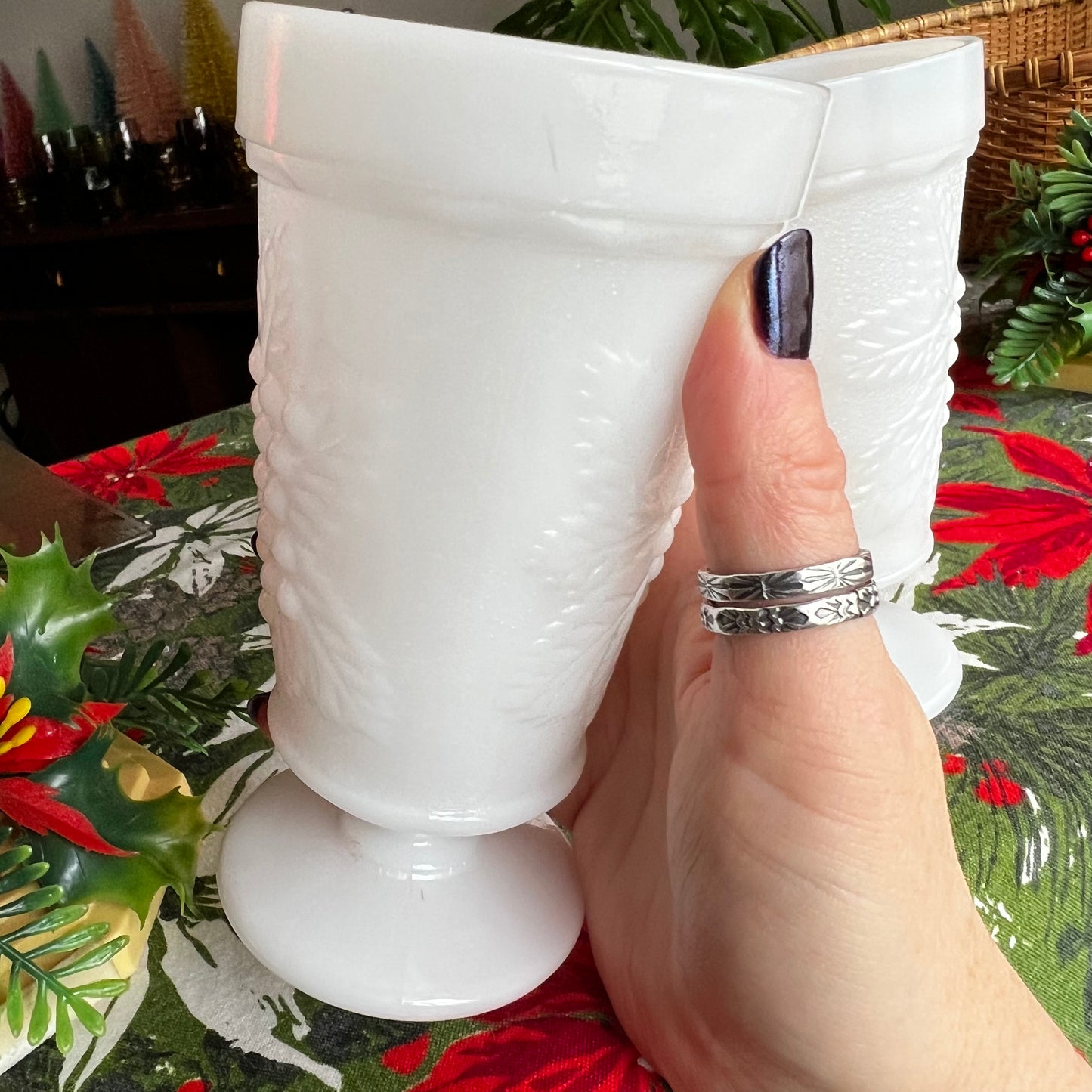 Vintage Big Top Crystal Grape Pattern Milk Glass Iced Tea Footed Tumblers- Set of 2