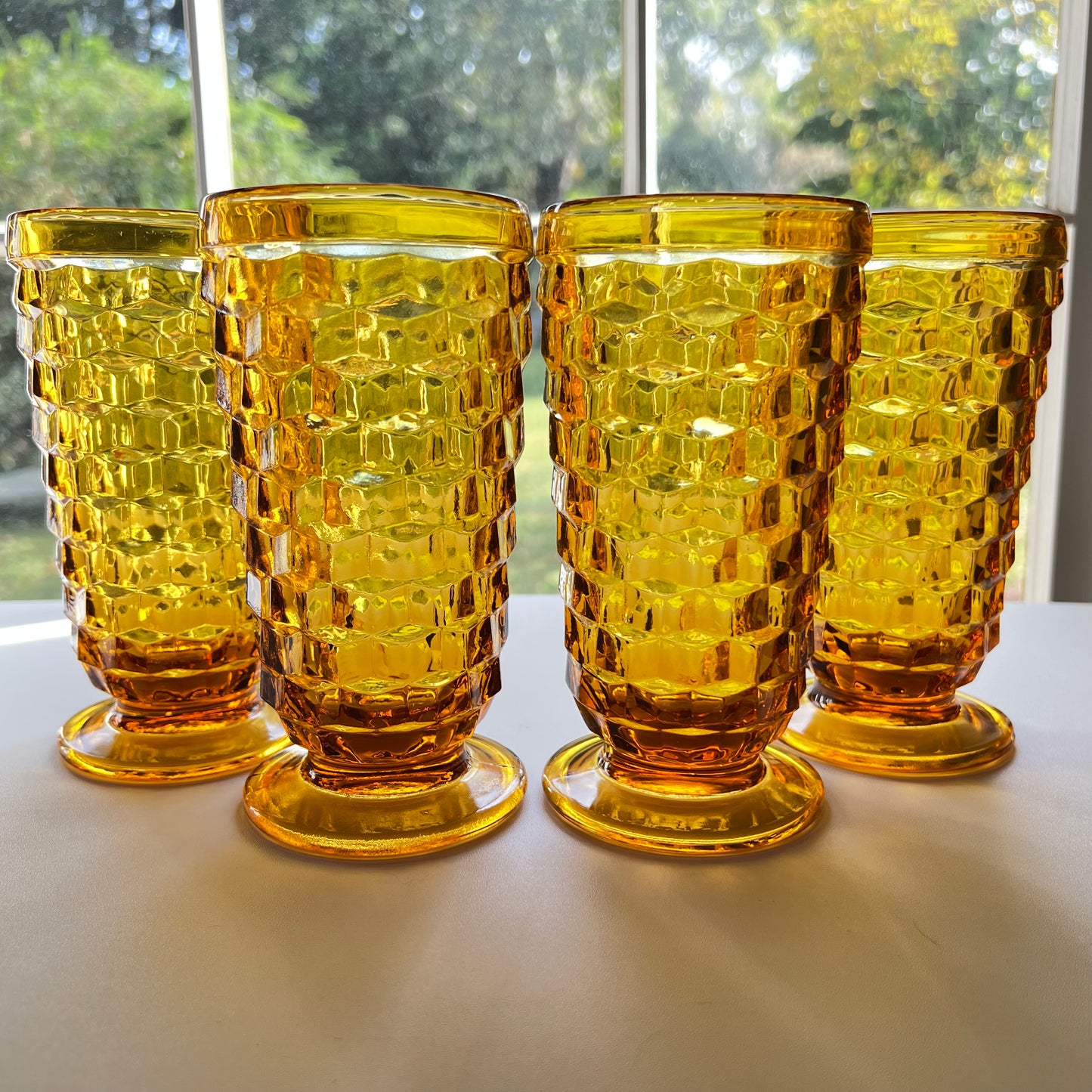Vintage Whitehall by Colony Harvest Gold Cubist Straight Rim Footed Tumbler Iced Tea Glasses- Set of 4