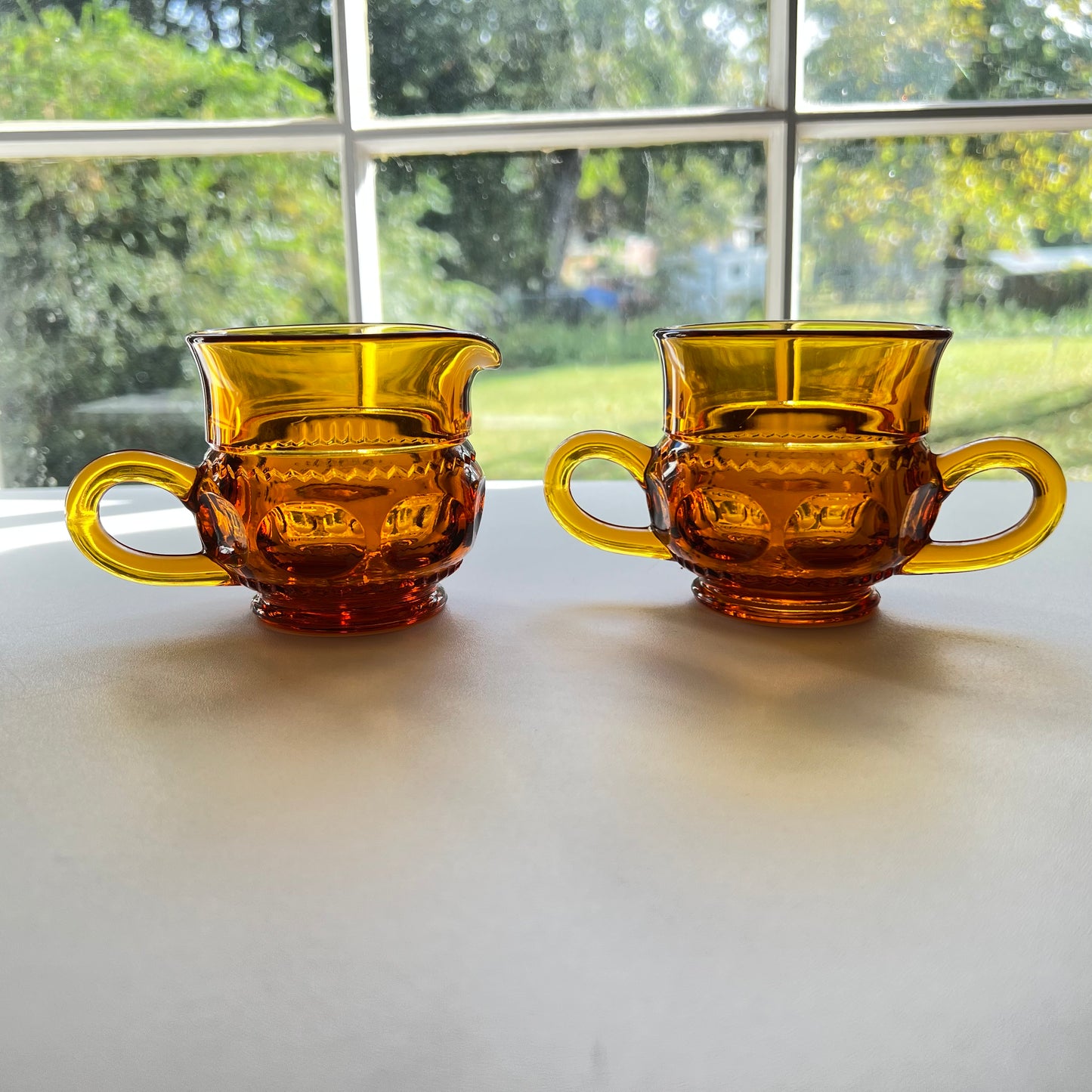 Vintage Indiana Amber Glass Kings Crown Thumbprint Creamer & Sugar Bowl Set