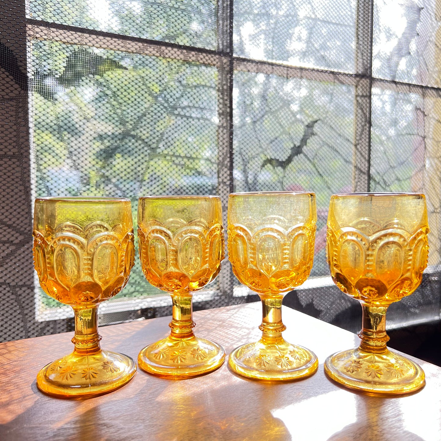 Vintage L E Smith Moon and Stars Amber Glass 4.5" Cordial Goblets-Set of 4