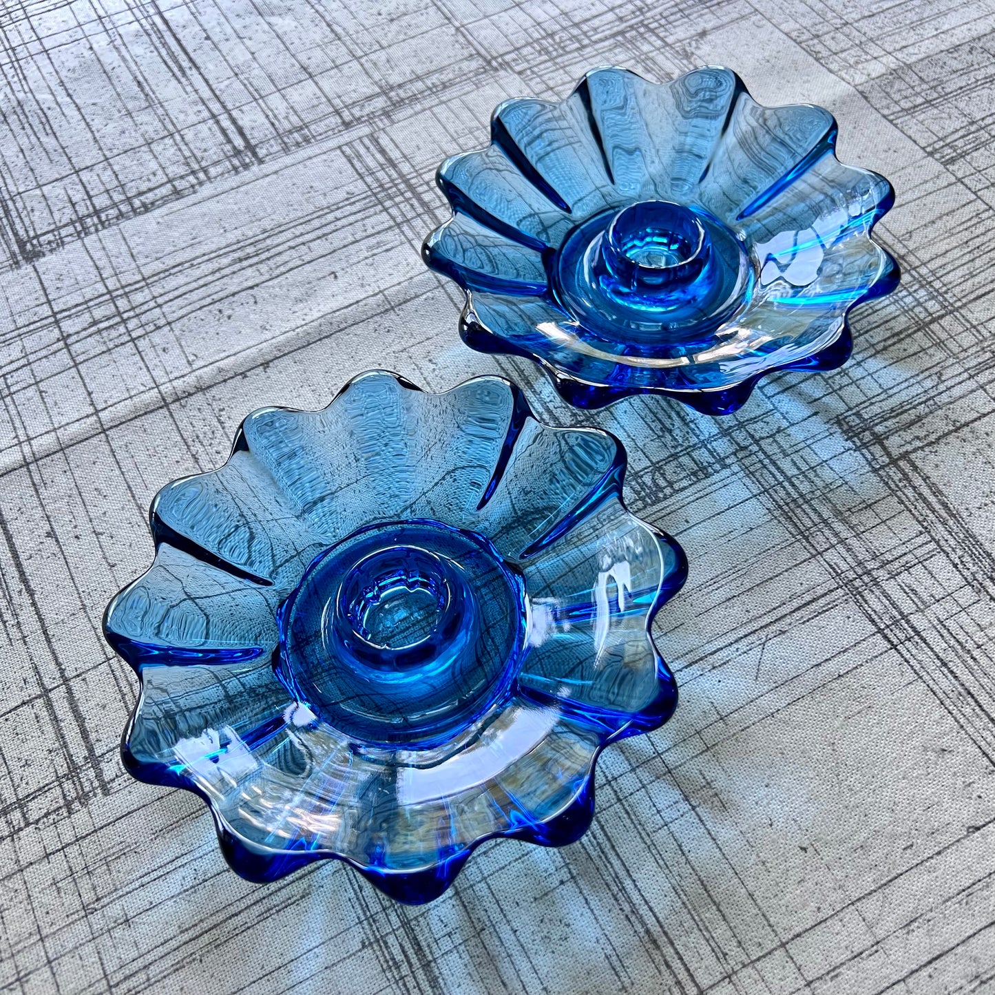 Vintage Cobalt Blue Fostoria Celestial Glass Candlestick Holders- Set of 2