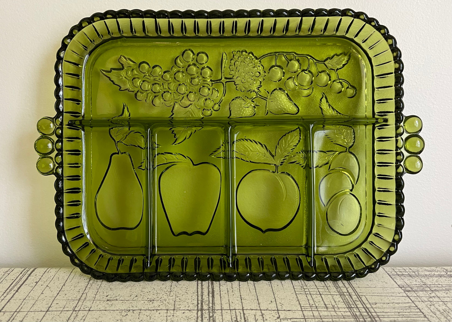 Vintage Indiana Green Glass Fruit Pattern 5 Part Relish Tray