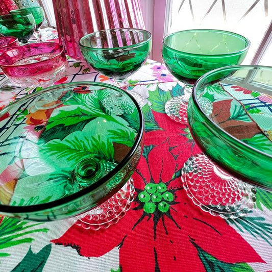 Vintage Anchor Hocking Forest Green Champagne/Tall Sherbet Clear Bubble Foot Glasses- Two sets of 4